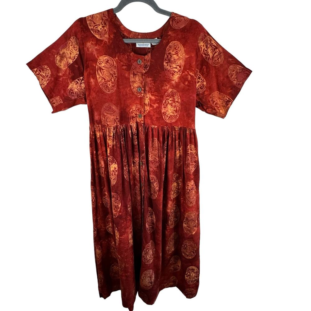 Smithsonian Institution Orange Short Sleeve Pleated Rayon Long Button Up Dress L